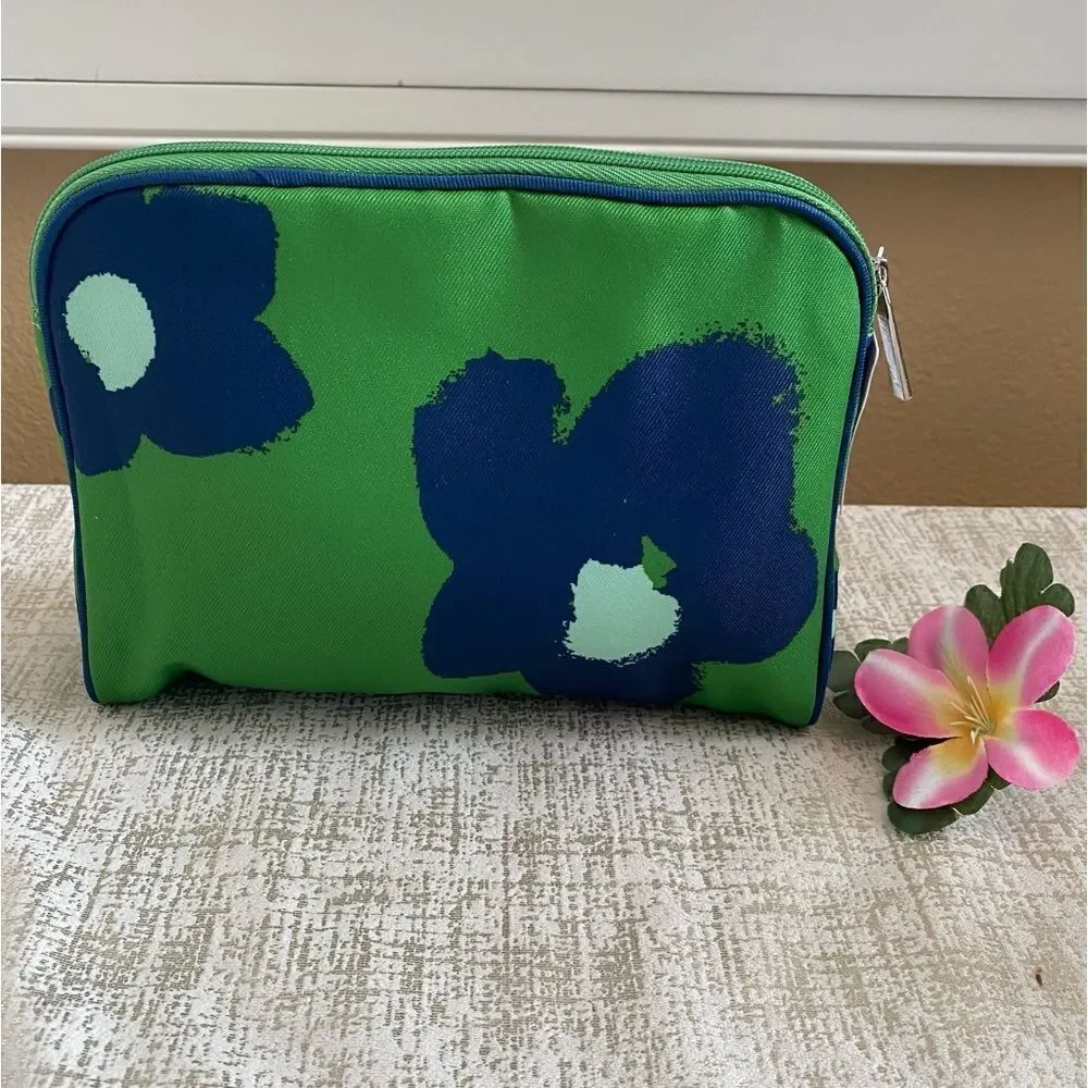 Kate Spade x Clinique Collab Green/Blue Floral Zip Top Make Up/Cosmetic Bag. NWT